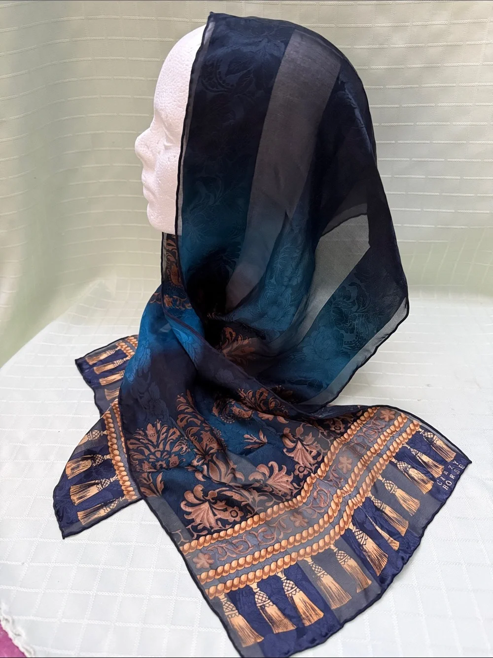 Elegant vintage Blue/Black and Gold Floral Sheer Silk Scarf